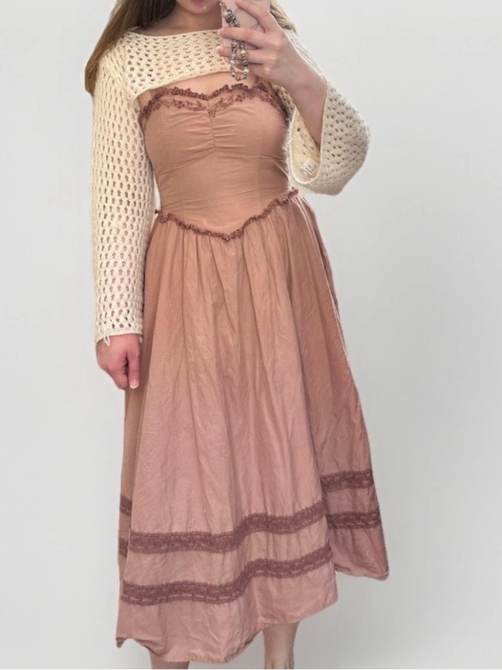 AE 100% Cotton Cottagecore Bask V Waist Corset Embroidered Midi Sundress Sz M